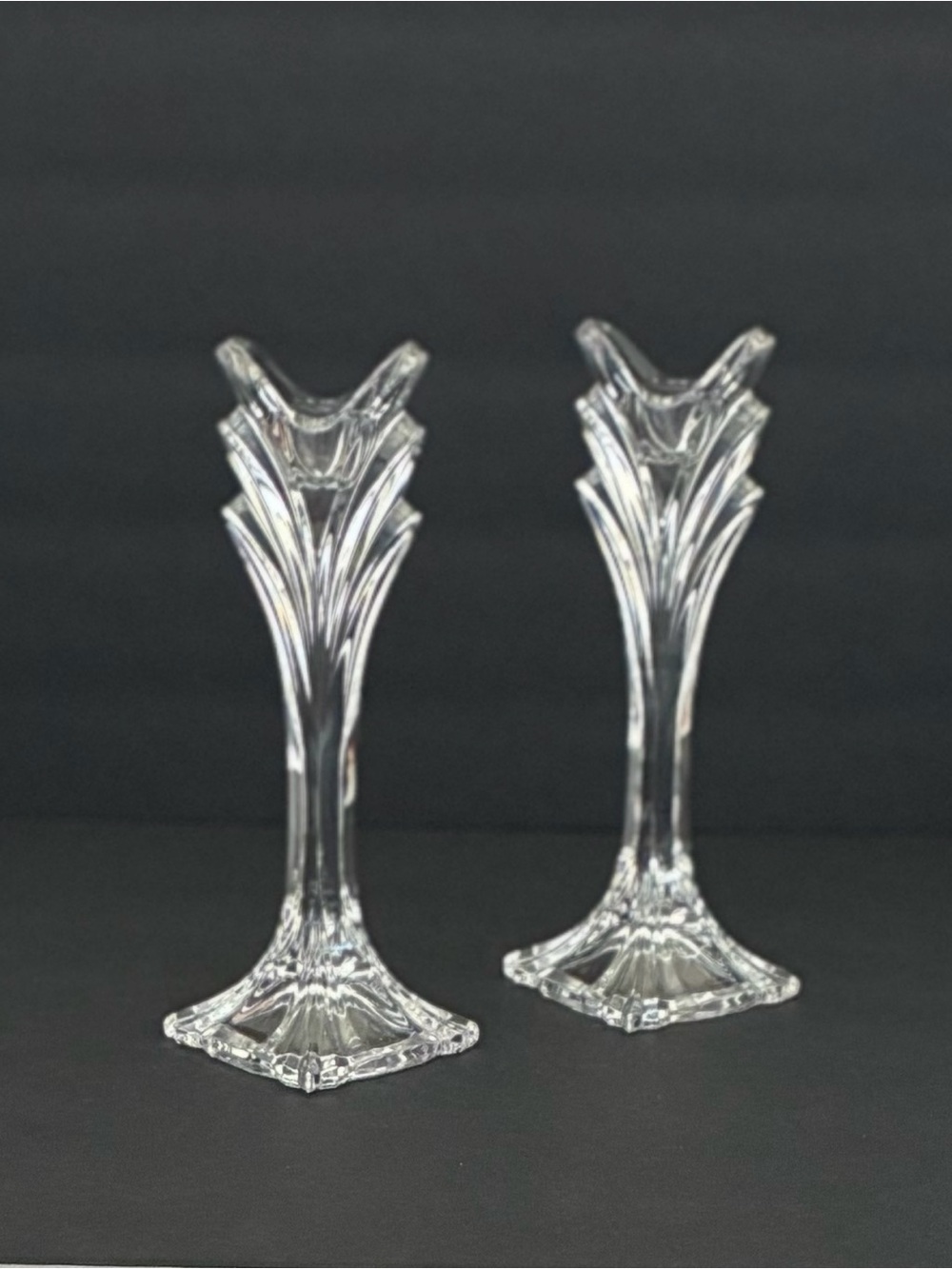 Mikasa Clear Crystal Art Deco Single Light Candlestick Holders Set Of 2 9.5โ